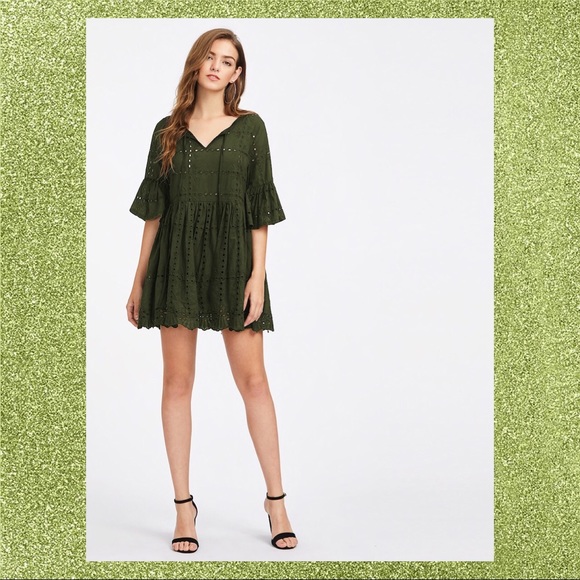 🍭ARMY GREEN EYELET EMBROIDERED DRESS🍭 - Picture 6 of 7